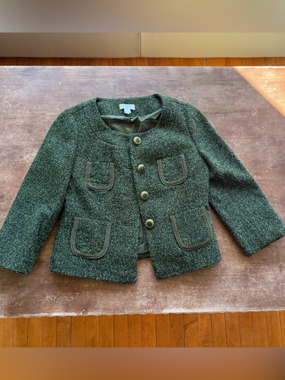 LOFT Dark Green Tweed Cropped Pea Coat